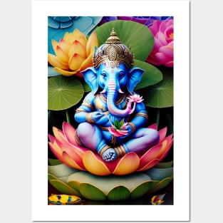 Baby Ganesh sitting on lotus flower Posters and Art